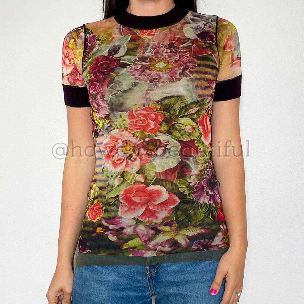 Vintage 2000's Jean Paul Gaultier Soleil Striped Floral Mesh Top Size medium